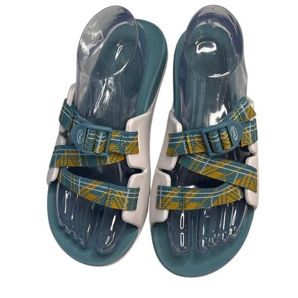 Chaco Lightweight Cushioned Kid's Slides Size K6 in Teal and White - Picture 3 of 9